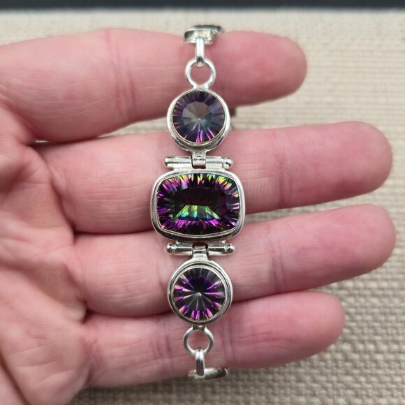 7.5-8 Inch Sterling Silver Triple Mystic Quartz Gemstone Chain Bracelet B872 - Picture 4 of 9